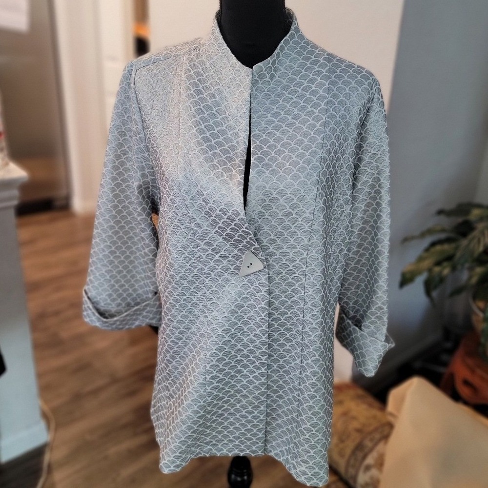 IC by Connie K Silver Scallop‎ Jacquard Jacket XL 3/4 Sleeve Triangle Button Art